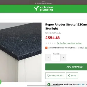 Roper Rhodes Starlight solid surface worktop 1220x365x25mm - Image 2