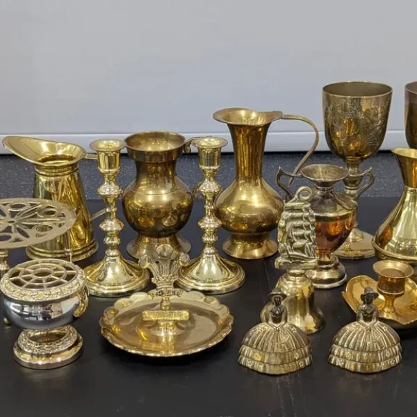 17 SOLID BRASS PITCHERS GOBLETS CANDLESTICKS BELLS TRIVET POSY BOWL TRINKET BOWL