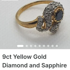9ct yellow gold diamond and sapphire twist ring