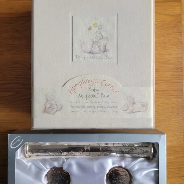 Silver plated birth certificate, tooth, curl and keepsake boxes