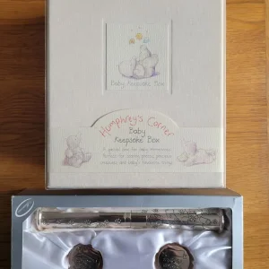 Silver plated birth certificate, tooth, curl and keepsake boxes