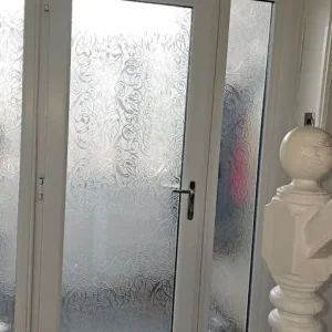 White UPVC frosted glass double glazed door with sidelights and fanlight - Image 2