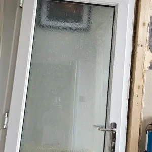 White UPVC frosted glass double glazed door with sidelights and fanlight - Image 3