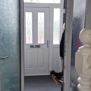 White UPVC frosted glass double glazed door with sidelights and fanlight