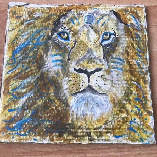 Original Lion with blue highlights, Acrylic on cardboard 32cm x 34