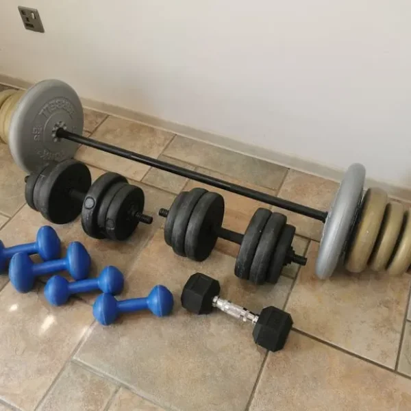 Weight set with dumbbells and barbell