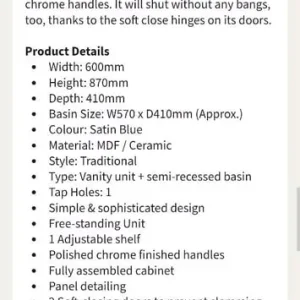 Chatsworth Traditional Blue Semi Recessed Bathroom Vanity Sink Unit with Lever Mixer Tap - Image 6