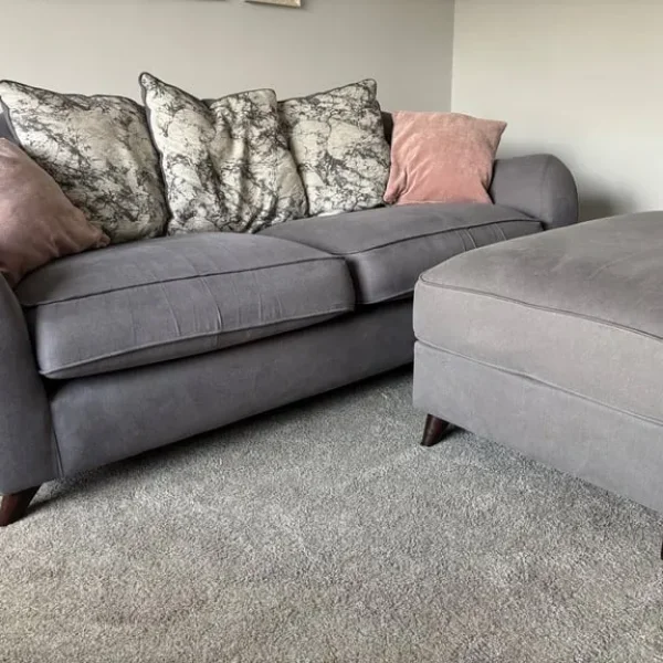 Grey sofa, swivel cuddle chair & footstool
