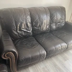 Brown high back leather 2 + 3 seater with pouffe - Image 2