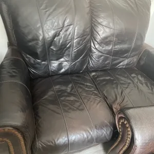 Brown high back leather 2 + 3 seater with pouffe