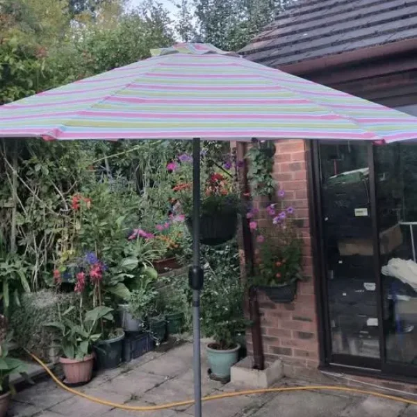Parasol garden umbrella, 2m 88cm diameter, wind-up mechanism, brown metal base