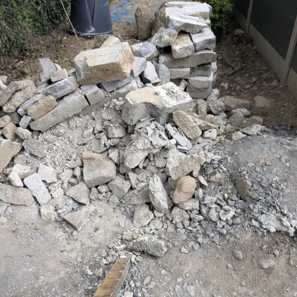 Broken concrete blocks and dust
