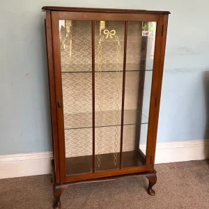Vintage 1950s Wooden Display Cabinet with Key and 2 Glass Shelves